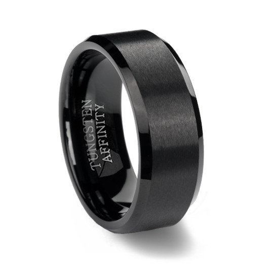 Black Tungsten Carbide Ring Brushed with Beveled Edge