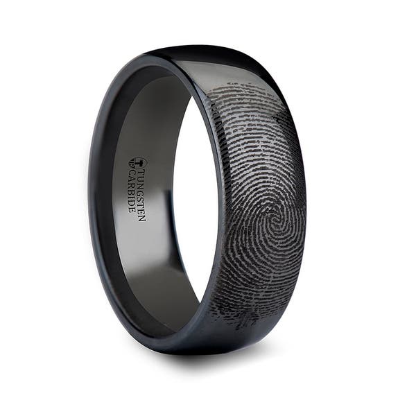 ATOP Fingerprint Engraved Domed Black Tungsten Ring Polished