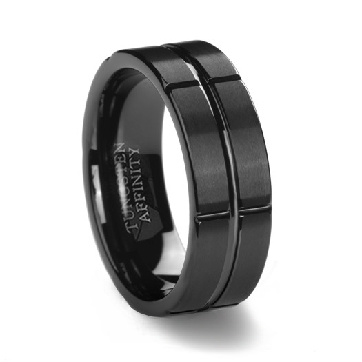 ATOP Black Brushed Tungsten Carbide Ring & Intersecting Grooves